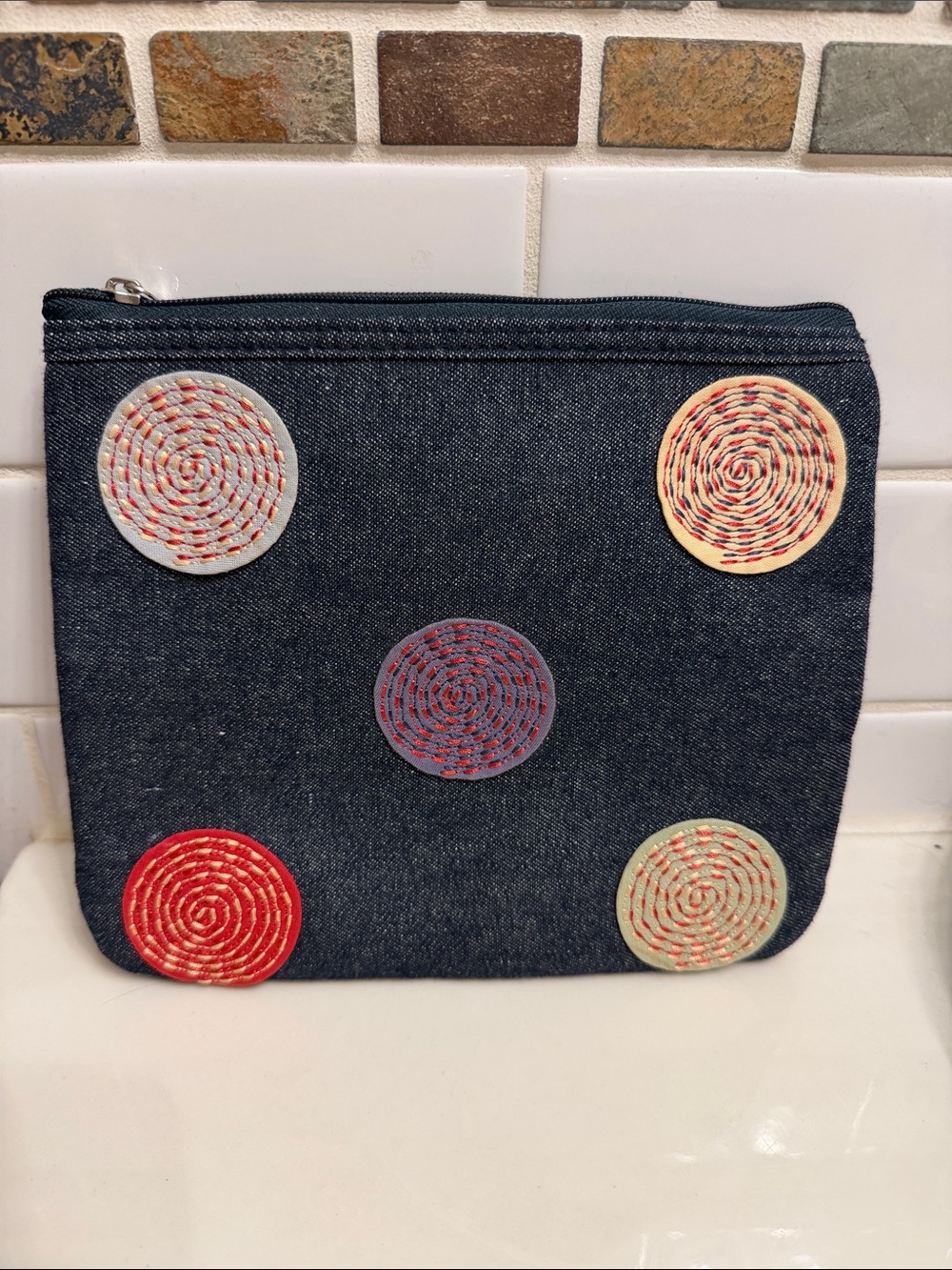 Bath & Body Works Dark Blue Denim Cosmetic Pouch with Colorful Spiral Appliqués